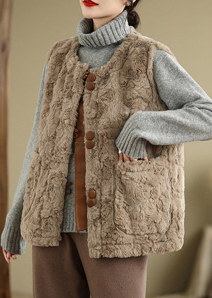 Khaki Button Pockets Teddy Faux Fur Waistcoat Sleeveless Er028