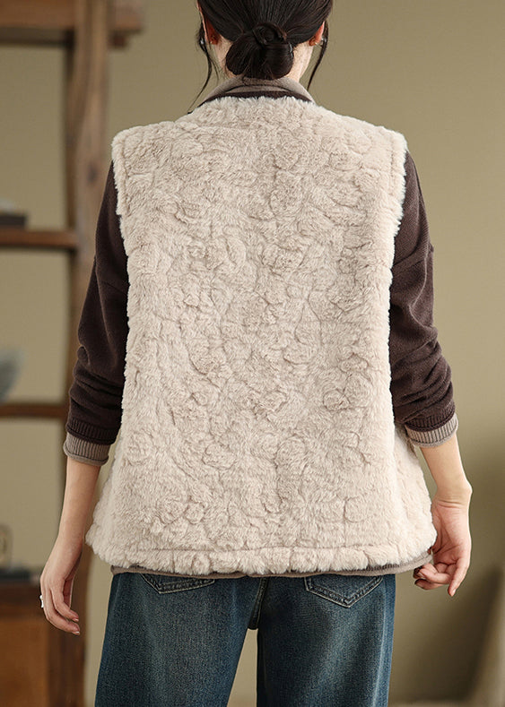 Khaki Button Pockets Teddy Faux Fur Waistcoat Sleeveless Er028