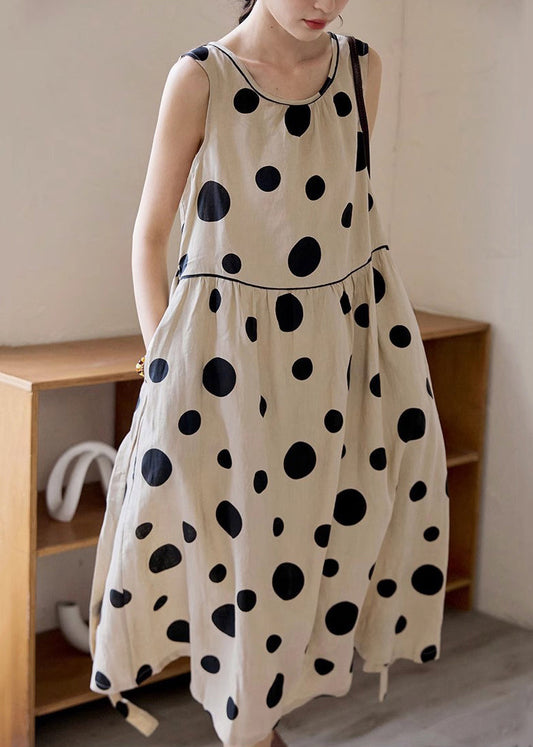 Tie Pockets Waist Long Dress Cotton Dot Sleeveless Khaki
