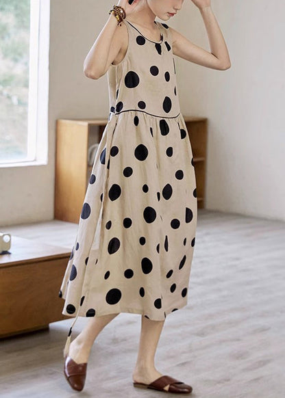 Tie Pockets Waist Long Dress Cotton Dot Sleeveless Khaki