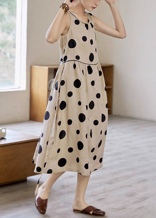 Tie Pockets Waist Long Dress Cotton Dot Sleeveless Khaki