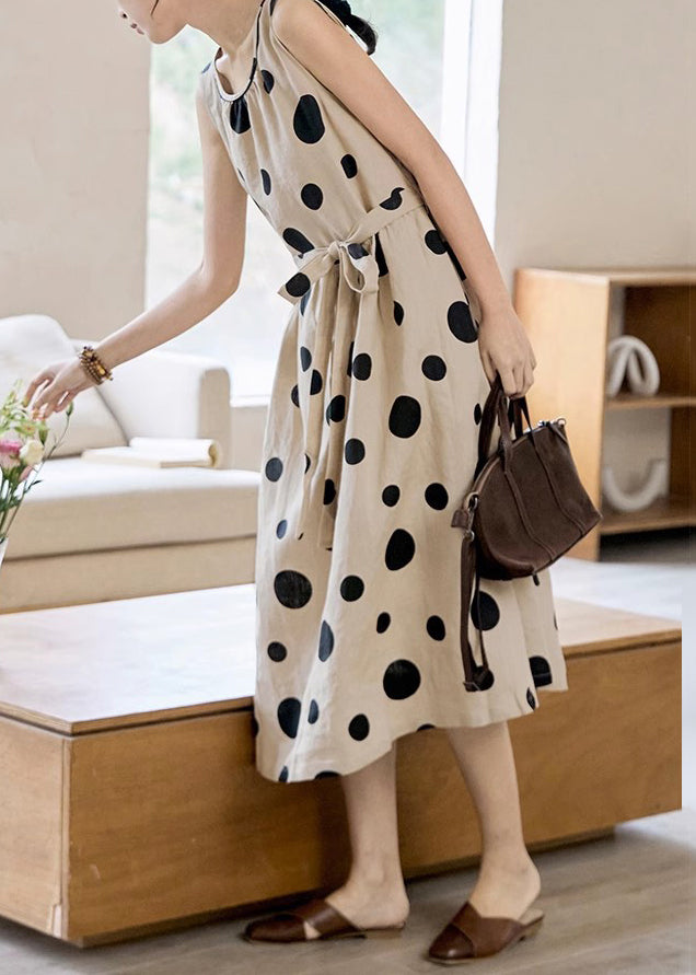 Tie Pockets Waist Long Dress Cotton Dot Sleeveless Khaki