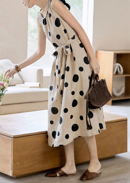 Tie Pockets Waist Long Dress Cotton Dot Sleeveless Khaki