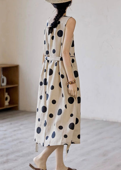 Tie Pockets Waist Long Dress Cotton Dot Sleeveless Khaki