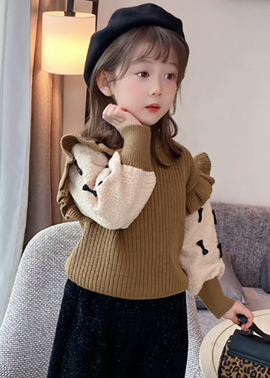 Khaki Ruffled Patchwork Bow Cotton Knit Kids Sweaters Winter Wl046