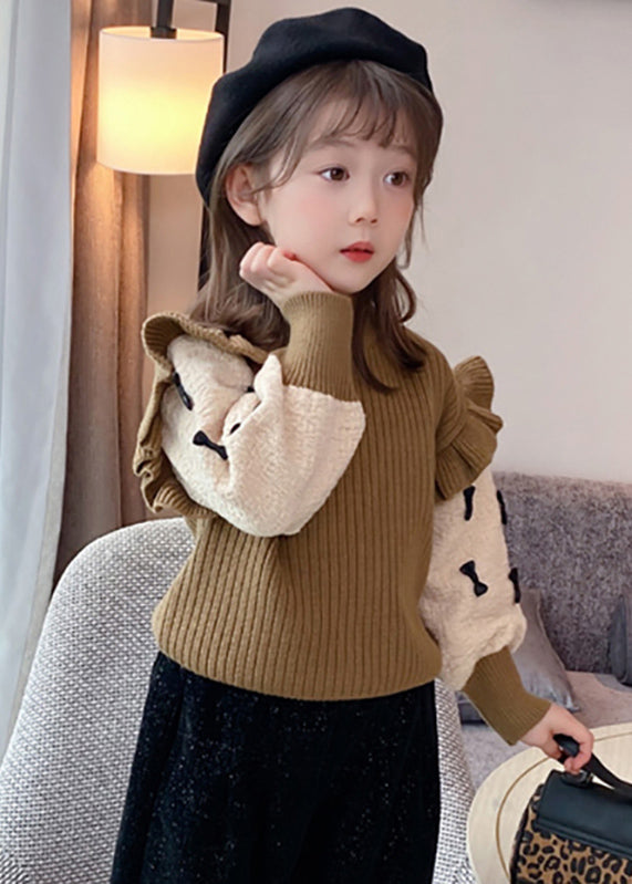 Khaki Ruffled Patchwork Bow Cotton Knit Kids Sweaters Winter Wl046