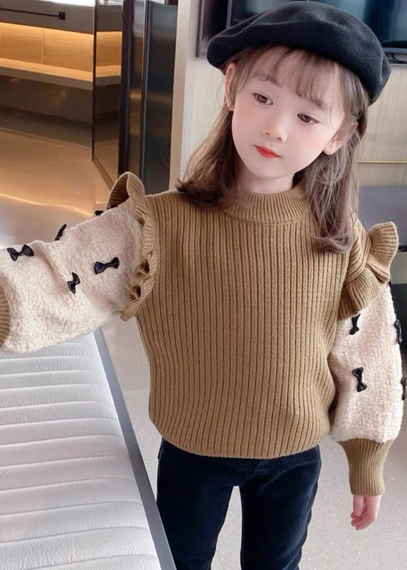 Khaki Ruffled Patchwork Bow Cotton Knit Kids Sweaters Winter Wl046