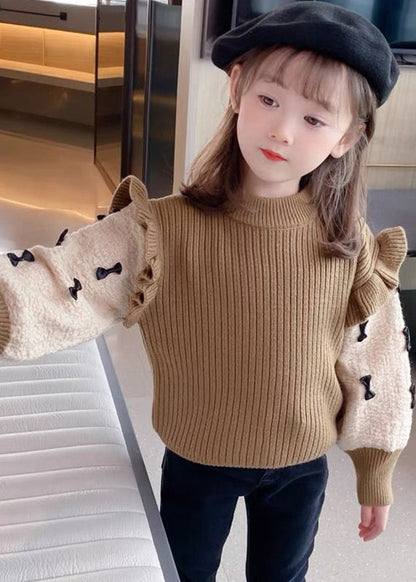 Khaki Ruffled Patchwork Bow Cotton Knit Kids Sweaters Winter Wl046