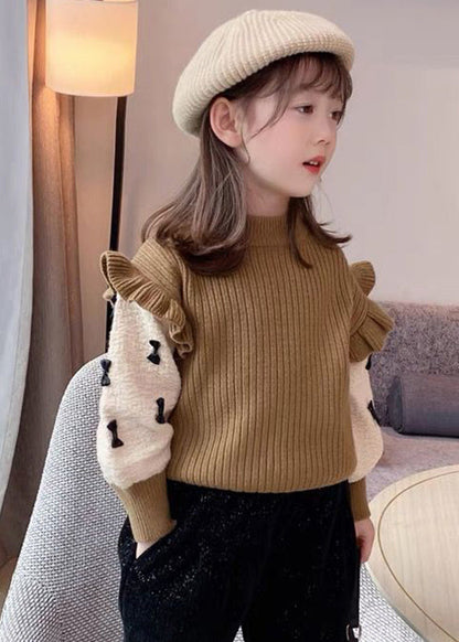 Khaki Ruffled Patchwork Bow Cotton Knit Kids Sweaters Winter Wl046
