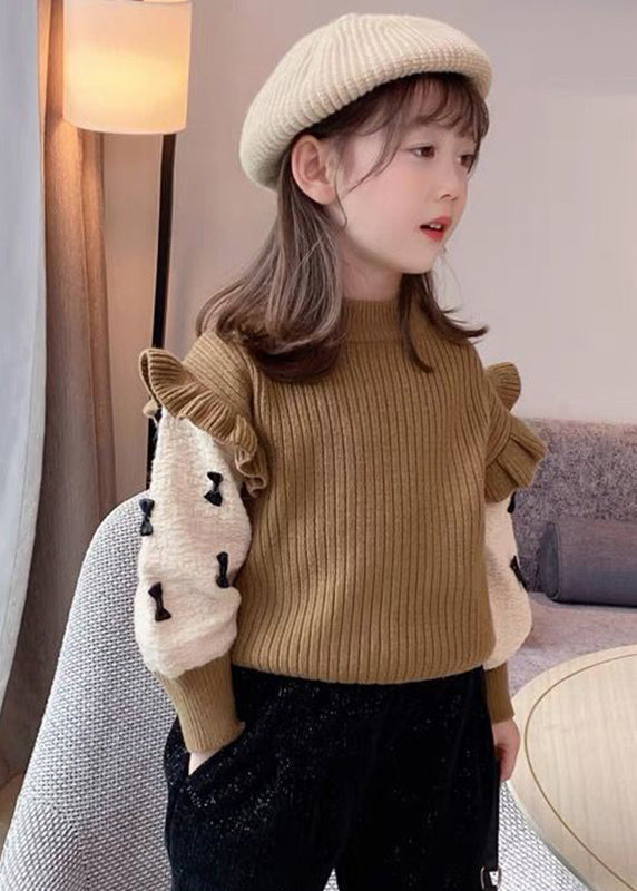 Khaki Ruffled Patchwork Bow Cotton Knit Kids Sweaters Winter Wl046