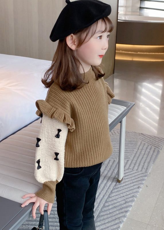 Khaki Ruffled Patchwork Bow Cotton Knit Kids Sweaters Winter Wl046