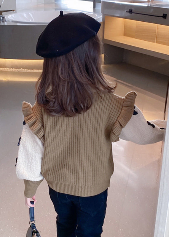 Khaki Ruffled Patchwork Bow Cotton Knit Kids Sweaters Winter Wl046