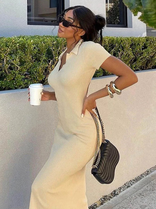 Knitted Short Sleeve Bodycon Maxi Dress Summer Backless Bandage Stretch Lady Dresses