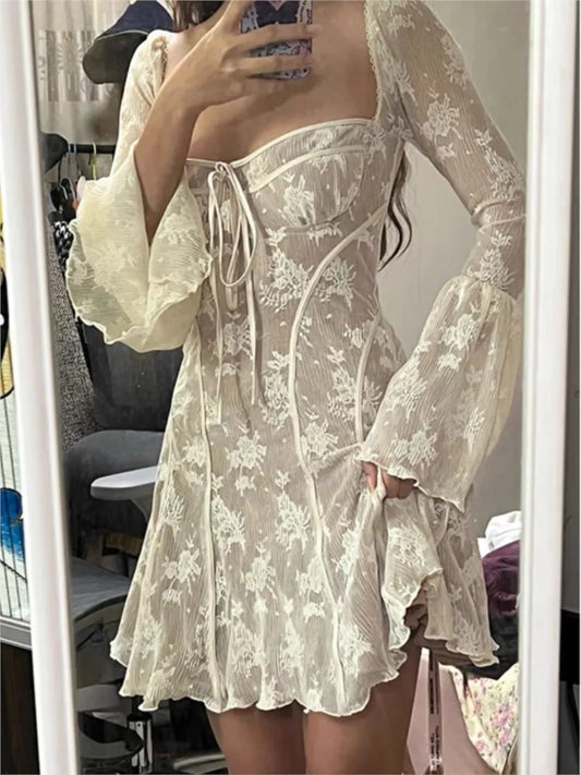Lace Mini Dress Flare Sleeve Square Collar Autumn Winter New Evening Party Prom Dresses Y2k
