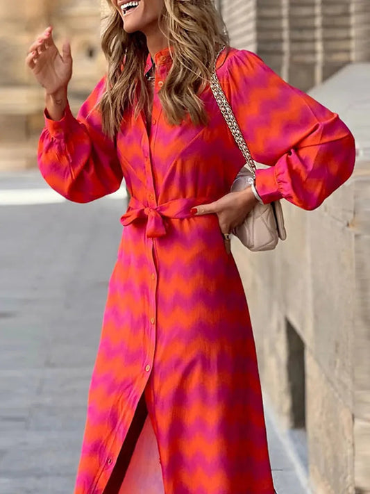 Lady Tie Dye Ruffled Lace Up Waist V-neck Maxi Dress