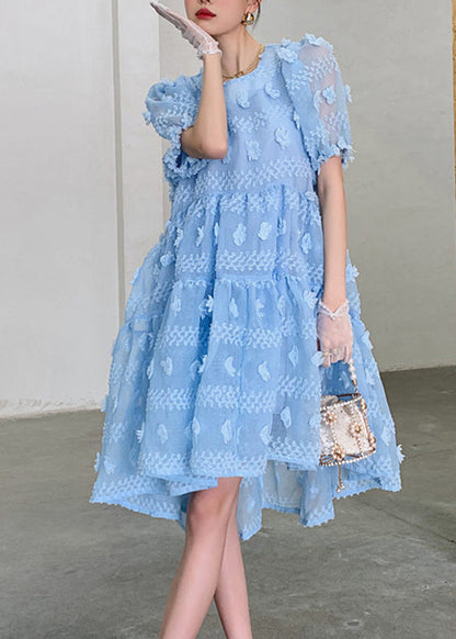 Light Blue O-neck Zippered Long Dresses Puff Sleeve Ly0751