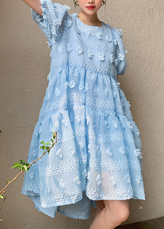 Light Blue O-neck Zippered Long Dresses Puff Sleeve Ly0751