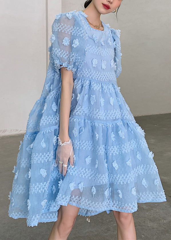 Light Blue O-neck Zippered Long Dresses Puff Sleeve Ly0751