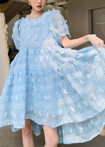 Light Blue O-neck Zippered Long Dresses Puff Sleeve Ly0751