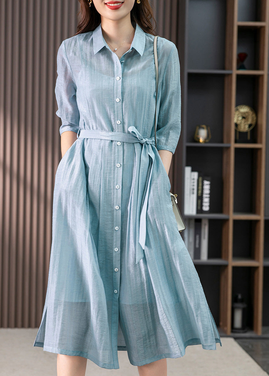 Light Blue Peter Pan Collar Tie Waist Linen Maxi Dresses Summer Ly1744