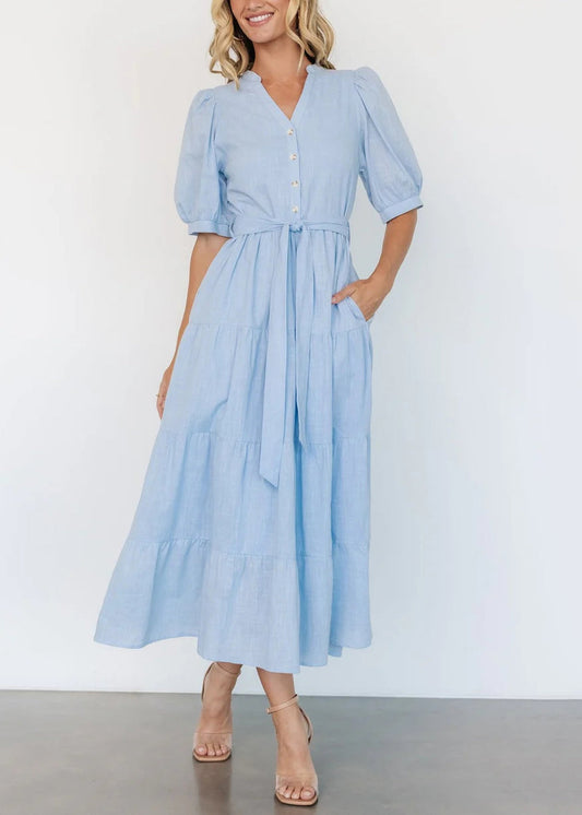 Light Blue V Neck Pockets Cotton Long Dress Summer Au1005