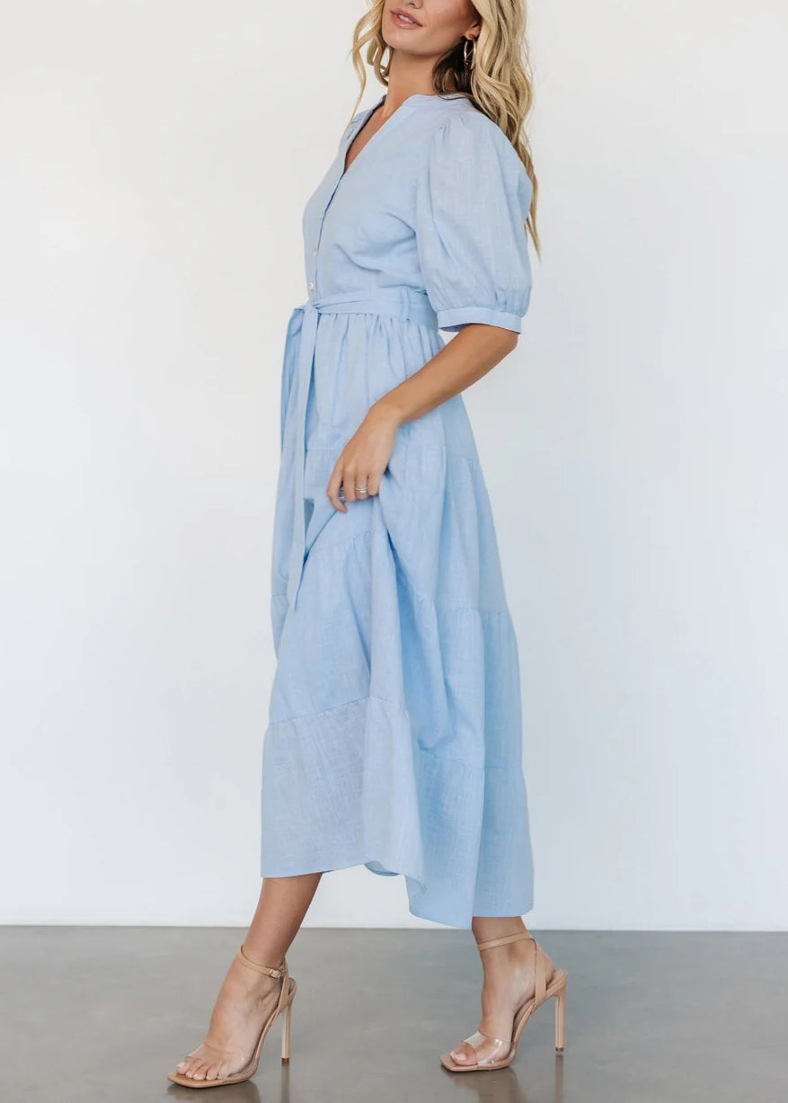 Light Blue V Neck Pockets Cotton Long Dress Summer Au1005