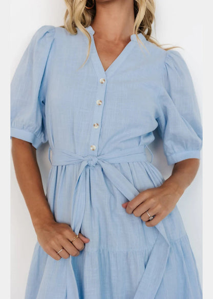 Light Blue V Neck Pockets Cotton Long Dress Summer Au1005