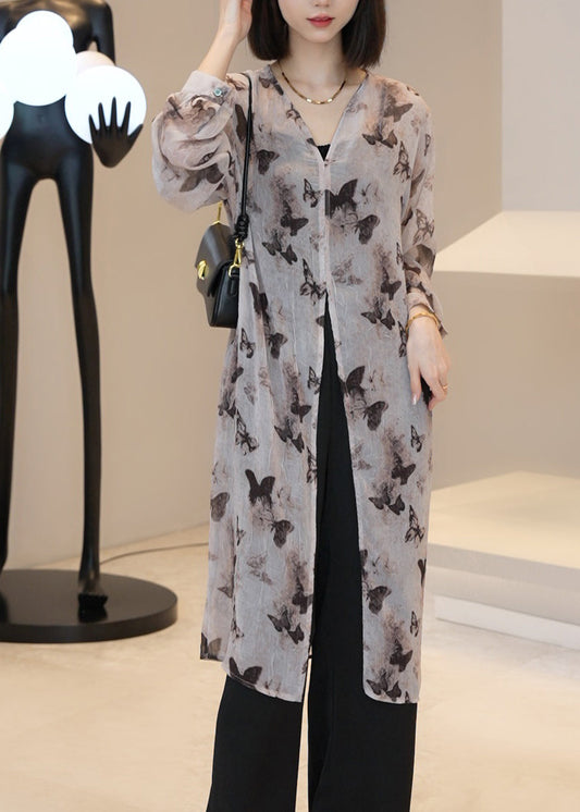 Light Brown V Neck Print Long Cardigan Summer Uu1002