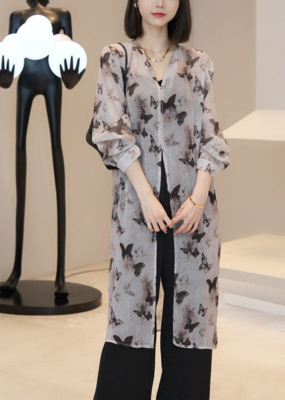 Light Brown V Neck Print Long Cardigan Summer Uu1002