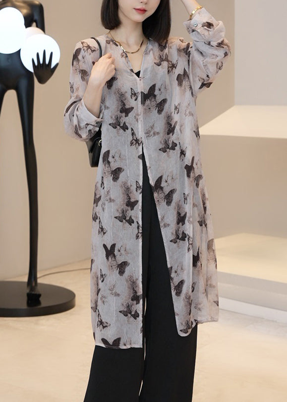 Light Brown V Neck Print Long Cardigan Summer Uu1002