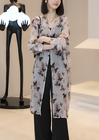 Light Brown V Neck Print Long Cardigan Summer Uu1002