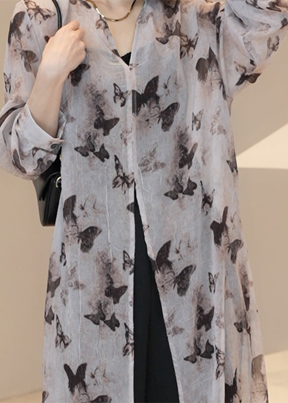 Light Brown V Neck Print Long Cardigan Summer Uu1002