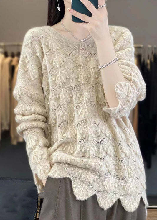 Light Camel V Neck Hollow Out Woolen Knit Sweaters Fall Ab1050