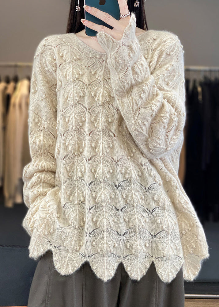 Light Camel V Neck Hollow Out Woolen Knit Sweaters Fall Ab1050