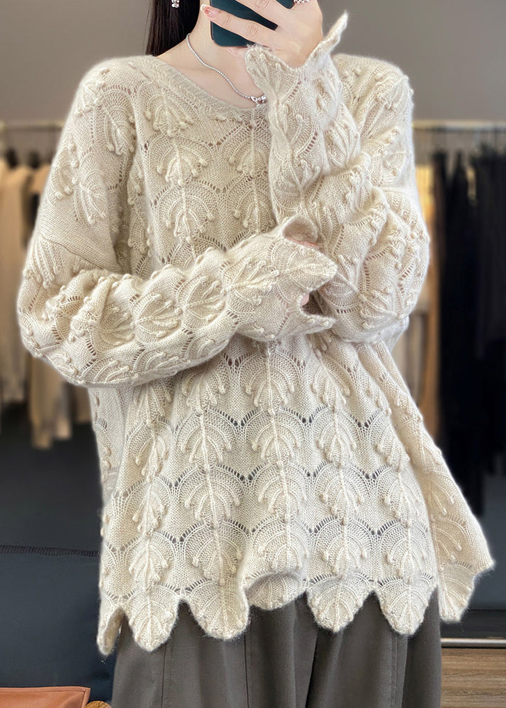 Light Camel V Neck Hollow Out Woolen Knit Sweaters Fall Ab1050