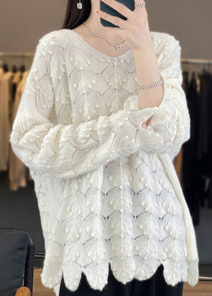 Light Camel V Neck Hollow Out Woolen Knit Sweaters Fall Ab1050