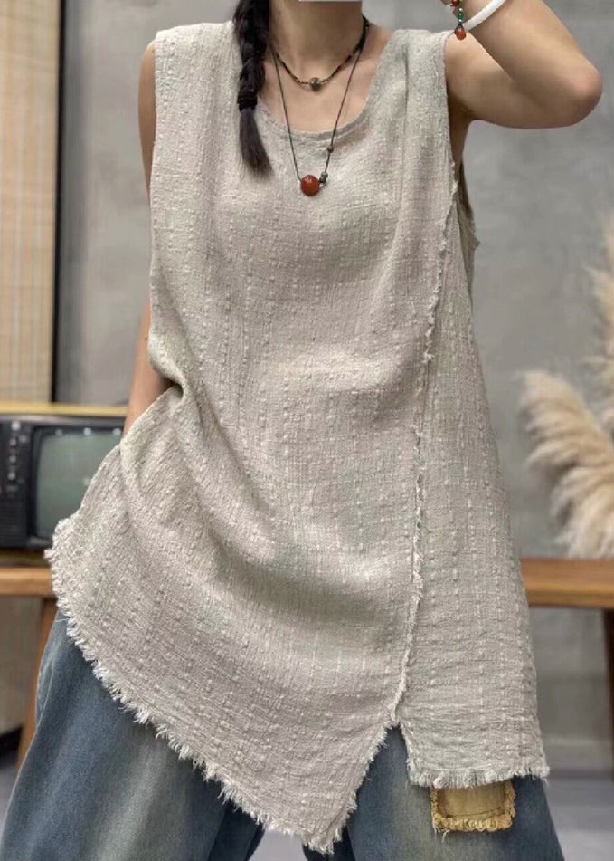 Light Khaki Asymmetrical Linen Waistcoat Sleeveless Vb1079