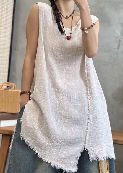 Light Khaki Asymmetrical Linen Waistcoat Sleeveless Vb1079