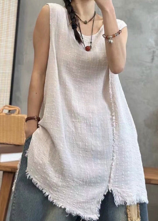 Light Khaki Asymmetrical Linen Waistcoat Sleeveless Vb1079