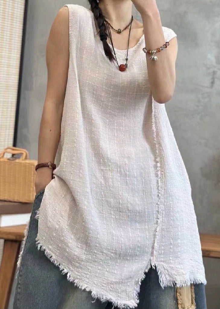 Light Khaki Asymmetrical Linen Waistcoat Sleeveless Vb1079