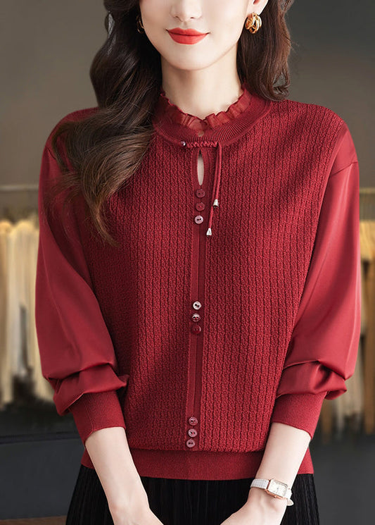 Mulberry Ruffled Patchwork Knit Sweater Tops Spring Tq012