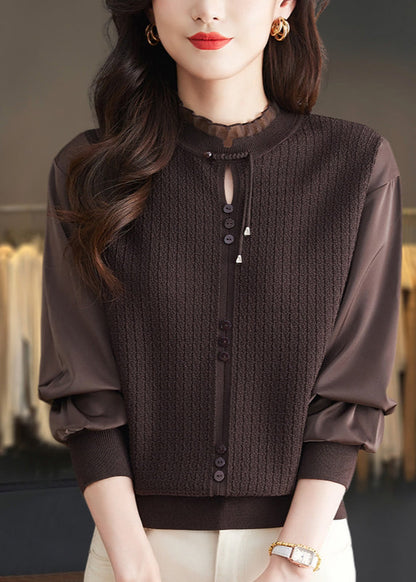 Mulberry Ruffled Patchwork Knit Sweater Tops Spring Tq012