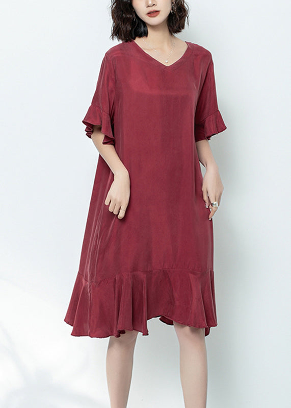 Mulberry V Neck Ruffled Patchwork Long Dress Summer Gh1078