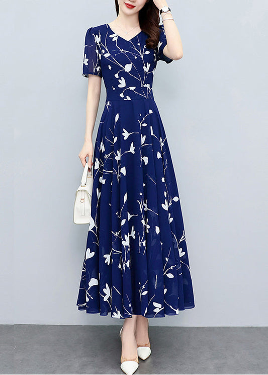 Navy Blue V Neck Print Slim Chiffon Maxi Dresses Summer Ly1706