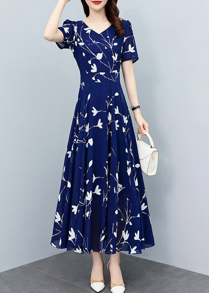 Navy Blue V Neck Print Slim Chiffon Maxi Dresses Summer Ly1706