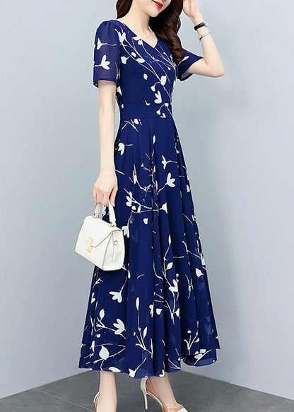 Navy Blue V Neck Print Slim Chiffon Maxi Dresses Summer Ly1706