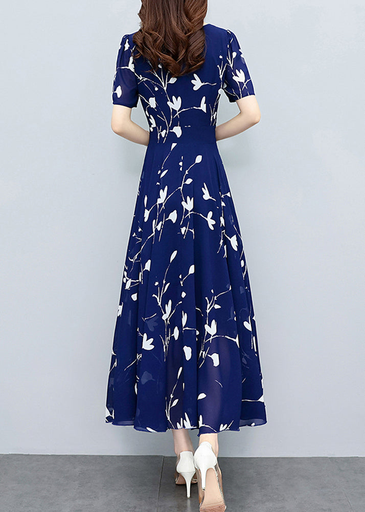 Navy Blue V Neck Print Slim Chiffon Maxi Dresses Summer Ly1706