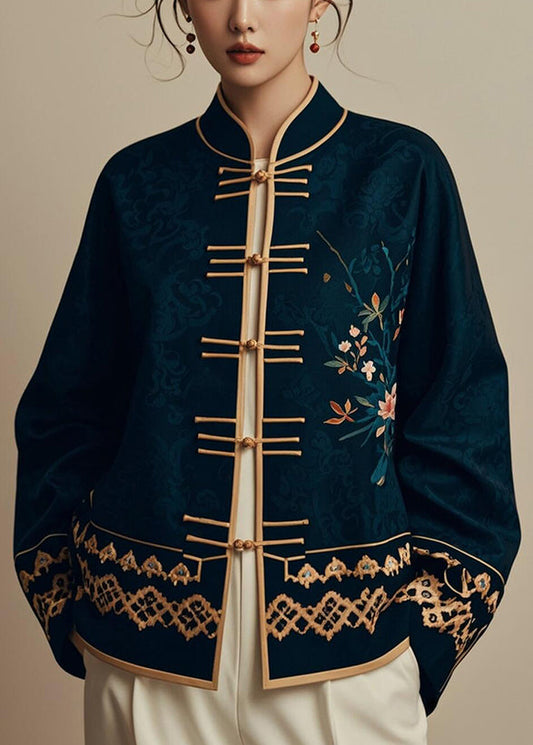 Navy Chinese Button Printsilk Coats Fall Er005