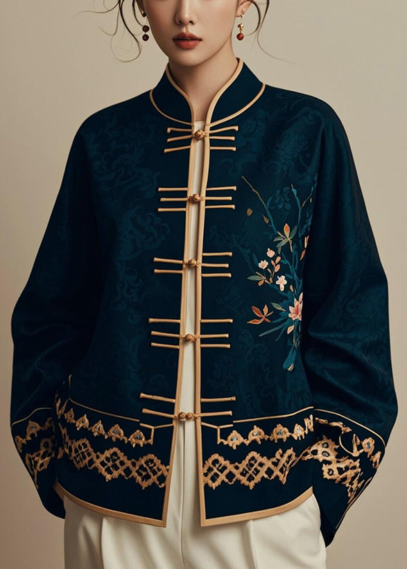 Navy Chinese Button Printsilk Coats Fall Er005