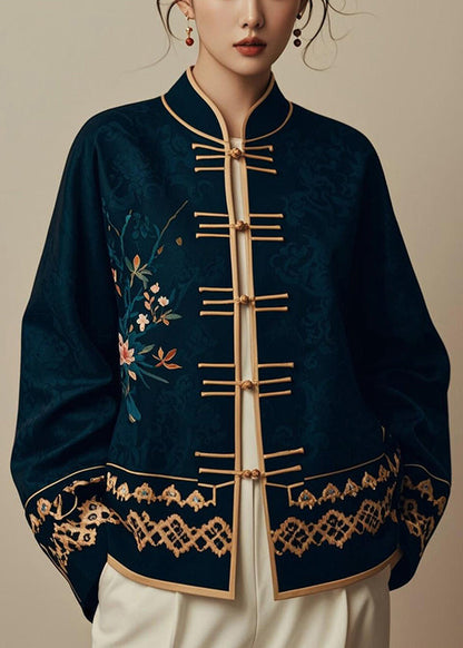 Navy Chinese Button Printsilk Coats Fall Er005